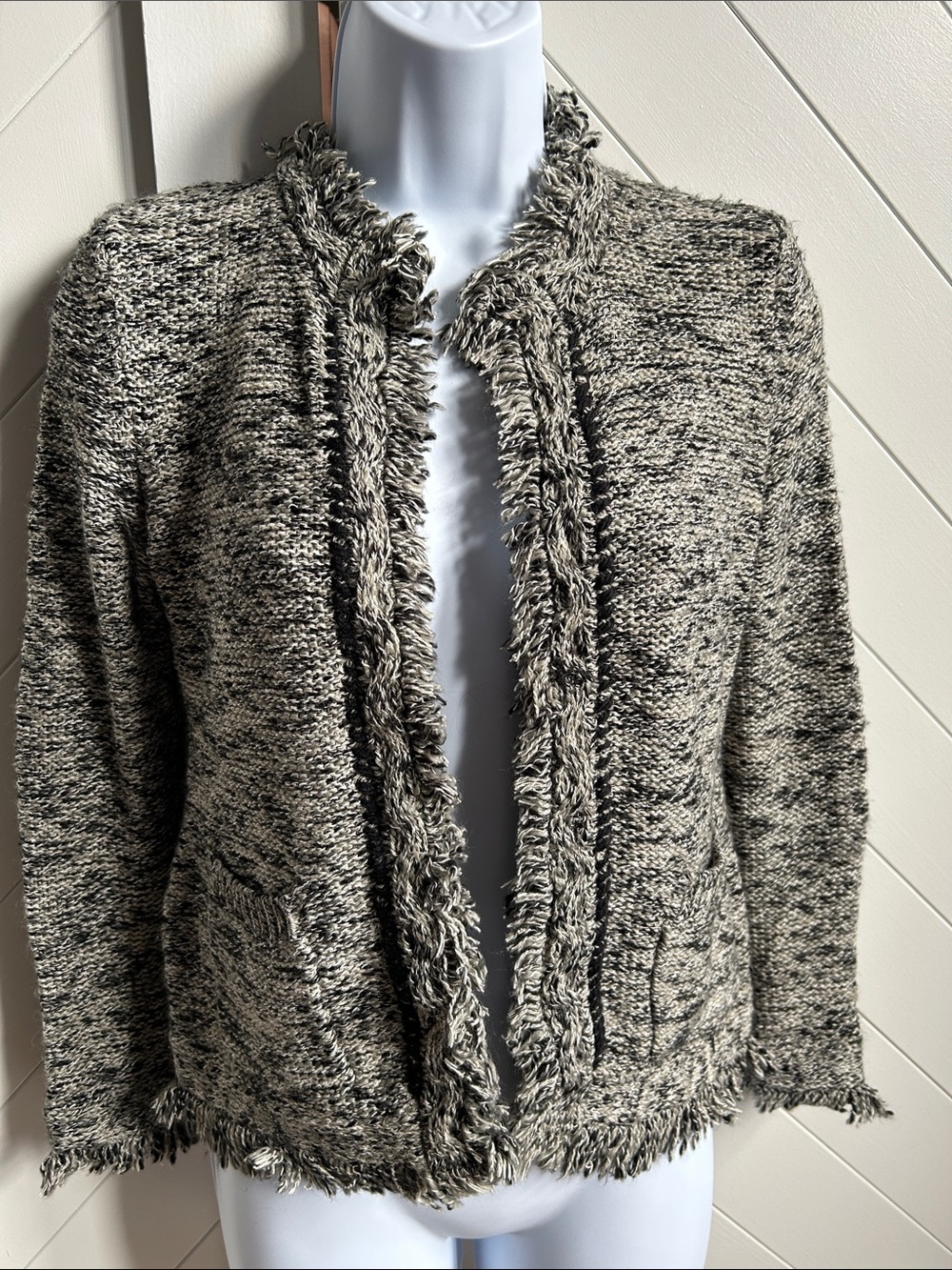 Anthropologie Black & White Frayed Open-Front Cardigan